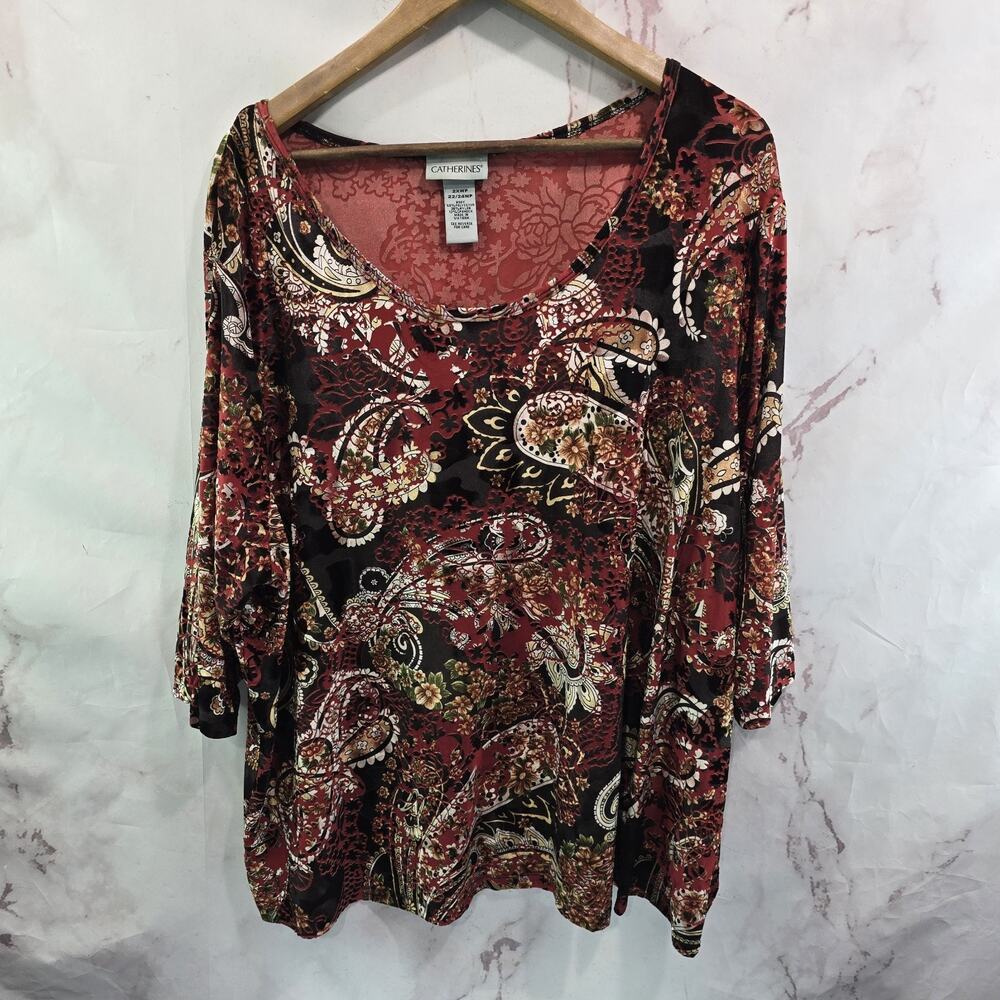 Catherines Shirt Womens 2X 26 28 Petite Red Velvet Burnout V Stretch Scoop